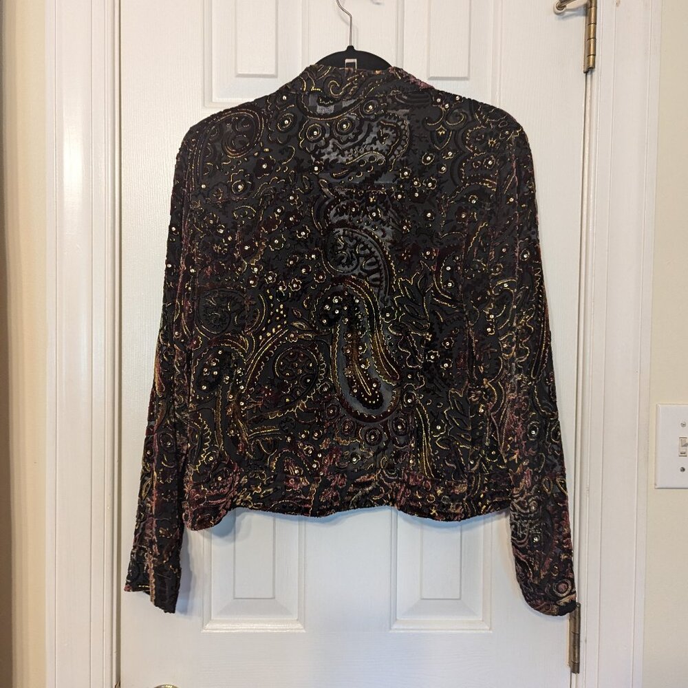 Chicos embroidered sheer formal jacket, rayon and silk, Chicos size 1 (8/10)